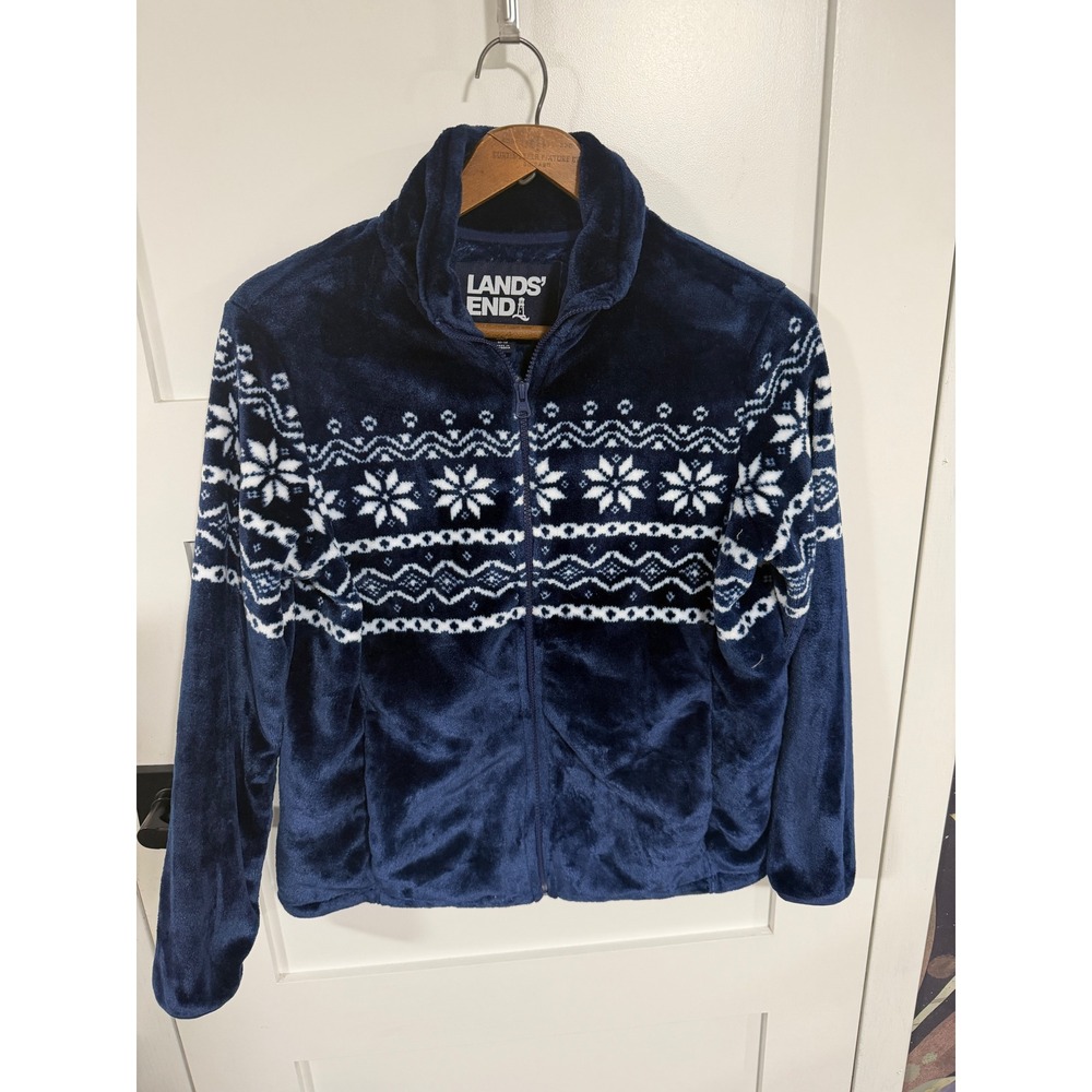 Lands End Navy Blue Fair Isle Snowflake Fleece Full Zip Jacket Womens M Petite